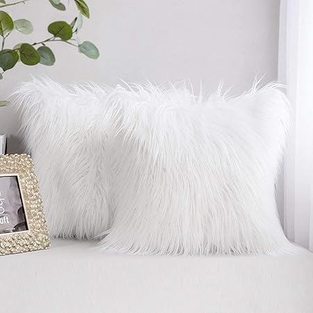 AerWo Fur Throw Pillows Fluffy Pillow Covers, Set of 2 Faux Plush Cushion New Luxury Series Merino Style Decorative Pillows Case for Couch Bed Living Room Car Chair, 18" x 18" (Off-White)