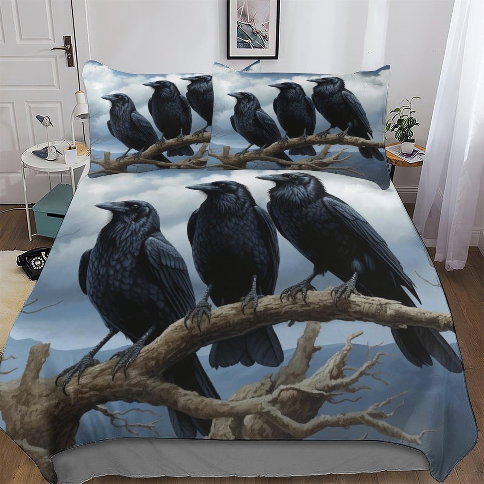 Housse de couette corbeau pour chambre d'enfant et ado parure de lit 220x240