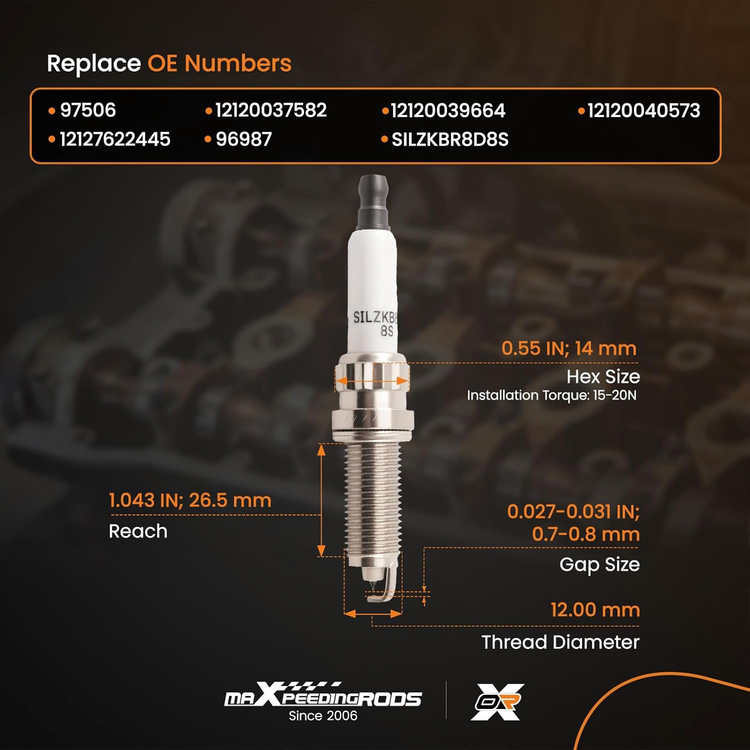 maXpeedingrods 97506 Spark Plugs 4 pack for BMW 2.0L L4 Engine, 2014-2016 228i 428i, 2012-2018 320i, 2012-2016 328i 528i, X1 X3 X4 X5 Z4 Replace SILZKBR8D8S