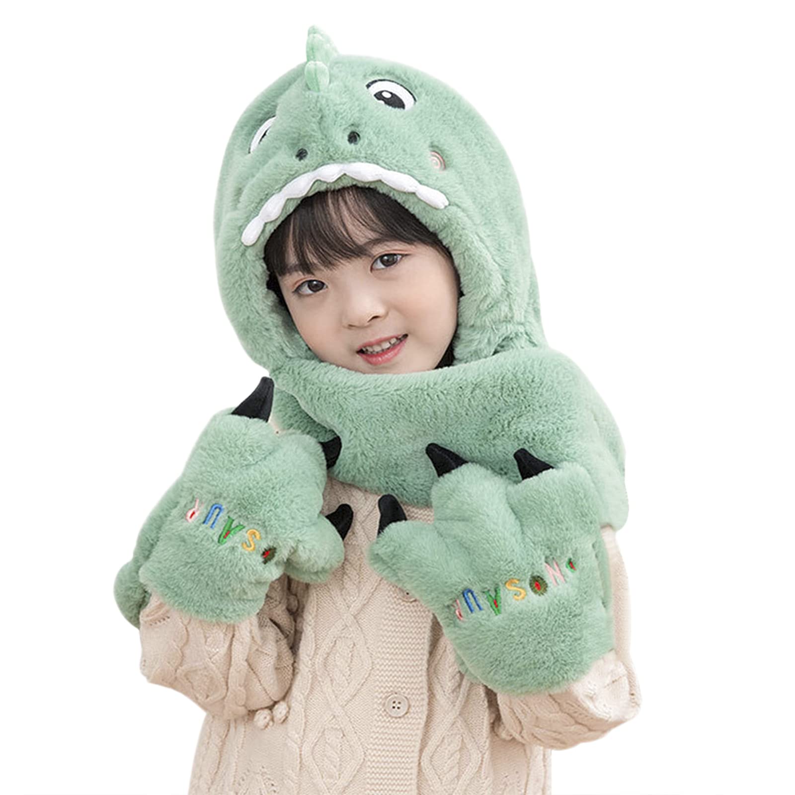 Toddler Kids Cartoon Dinosaur Fleece Plush Hat Gloves Scarf 3 in 1 Set Girls Boys Winter Cute Warm Long Hoodie Earflap Hat