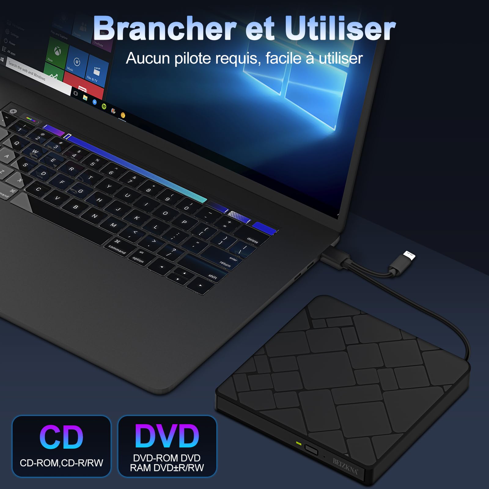 Beizkna Lecteur CD DVD Externe pour PC USB 3.0 & Type C Portable Lecteur DVD Graveur CD ROM +/-RW DVD Externe pour PC Laptop Desktop iMac MacBook Pro/Air Windows 11/10/ 8/7/ XP/Linux/Mac OS
