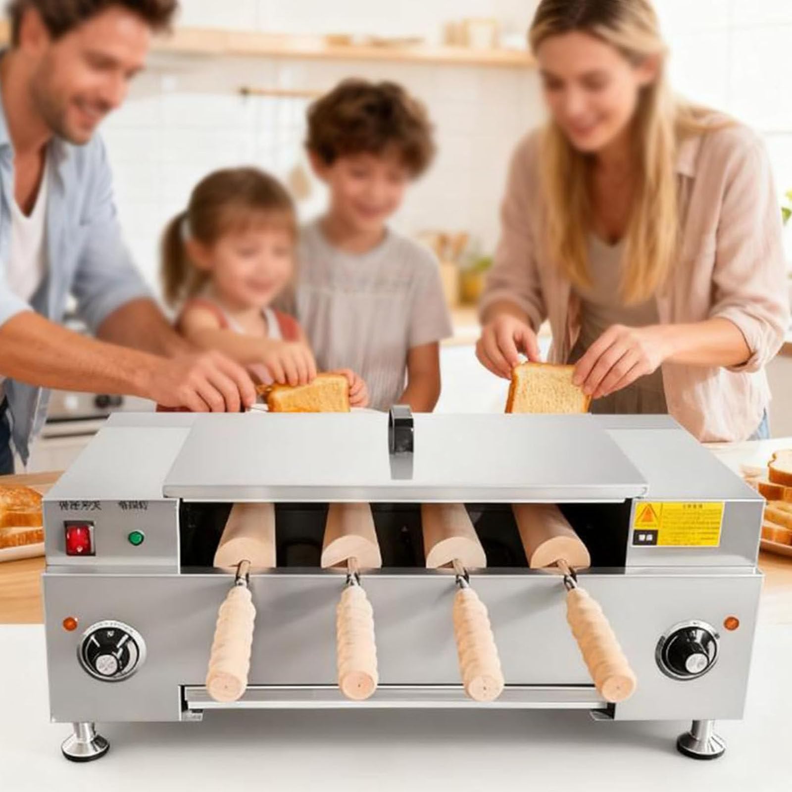Komercyjny kominowy grill do bułek, elektryczny piec kominowy do bułek o mocy 3000 W, 4 wałki z powłoką zapobiegającą przywieraniu, grill do lodów w rożkach, do użytku domowego i firmowego