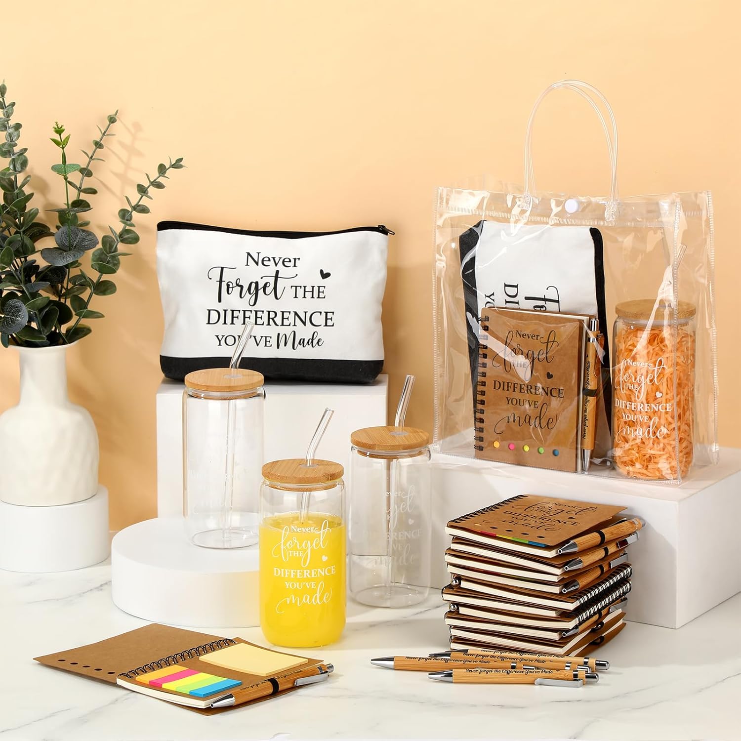 60 Pcs Employee Appreciation Gifts Bulk Inspirational Glass Cup Makeup Bag Bamboo Pen Never Forget Notebook and Bag for Volunteer Lab Week Teachers Nurses Office Staff