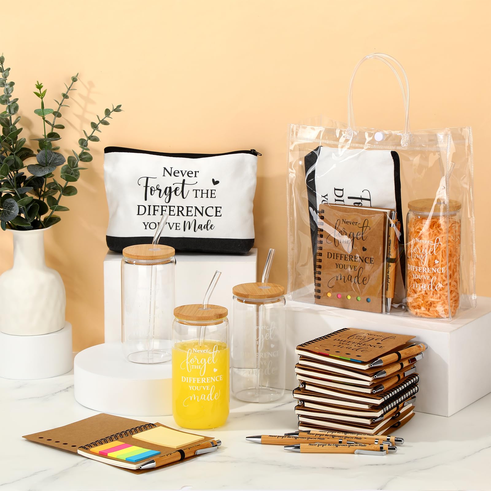 60 Pcs Employee Appreciation Gifts Bulk Never Forget Notebook Gift Bag Glass Cup Makeup Bag Bamboo Pen for Graduation Teacher Father Day Office Staff