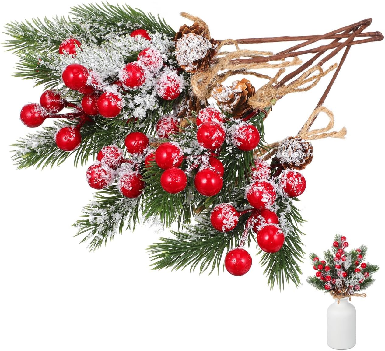 GLEAVI 6pcs Artificial Christmas Pinecone Pick: Realistic Red Pinecone and Berry Picks for DIY Wreath Crafts Winter Holiday Decorations