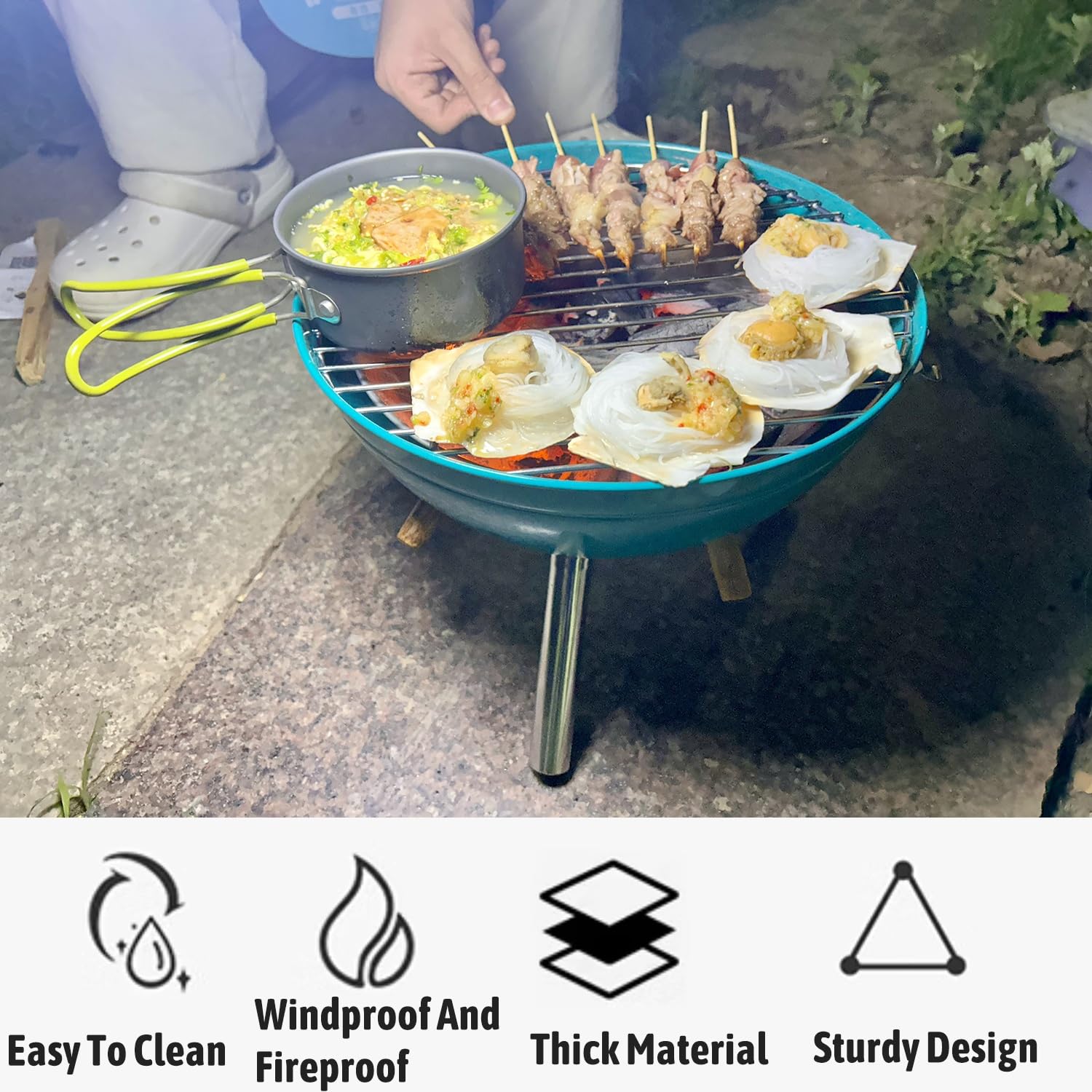Chal Grill z pokrywką i drewnianymi uchwytami, okrągły wędzarnia dla 3-5 osób, idealne doznania podczas gotowania i grillowania na świeżym powietrzu (zielony)