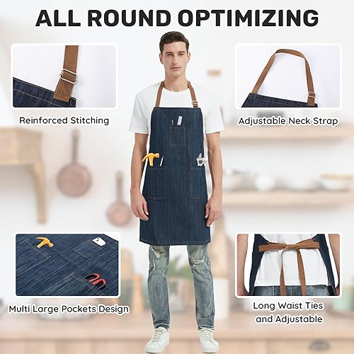 Miniatura 6 de Delantal de mezclilla de algodón para hombres y mujeres, delantal de chef profesional con bolsillos grandes para cocina, jardinería, barbacoa,