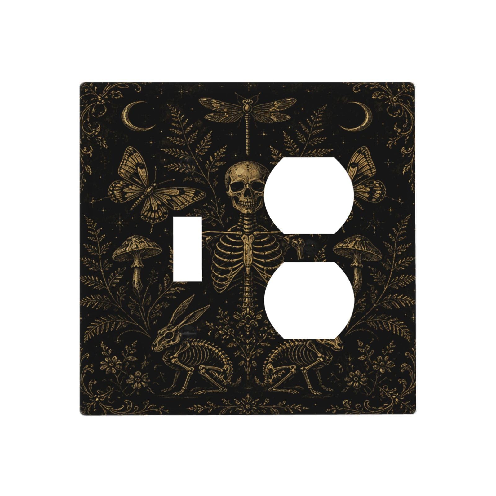 Xuejiaku Decorative Outlet Covers Vintage Gold Botanical Skeleton Gothic 2 Gang Combin 1 Toggle/1 Duplex Light Switch Cover Gfci Wall Plate Dark Academia Gothic Receptacle Switchplate for Home Decor