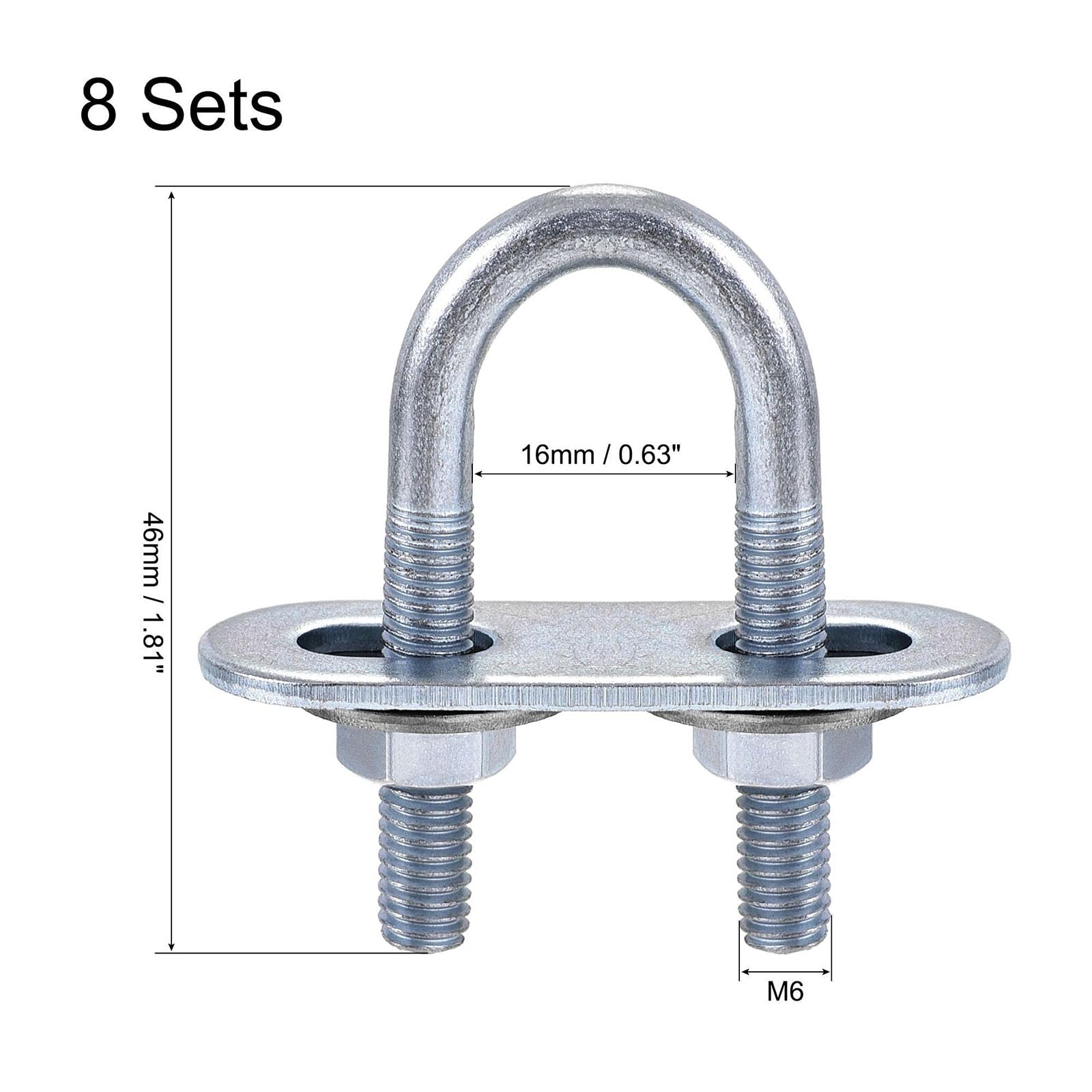 TOP-VIGOR 8 sets M6 Round U-Bolts, 16mm Inner Width 46mm Length Steel U-Bolts with Nut, Plate - Image 2