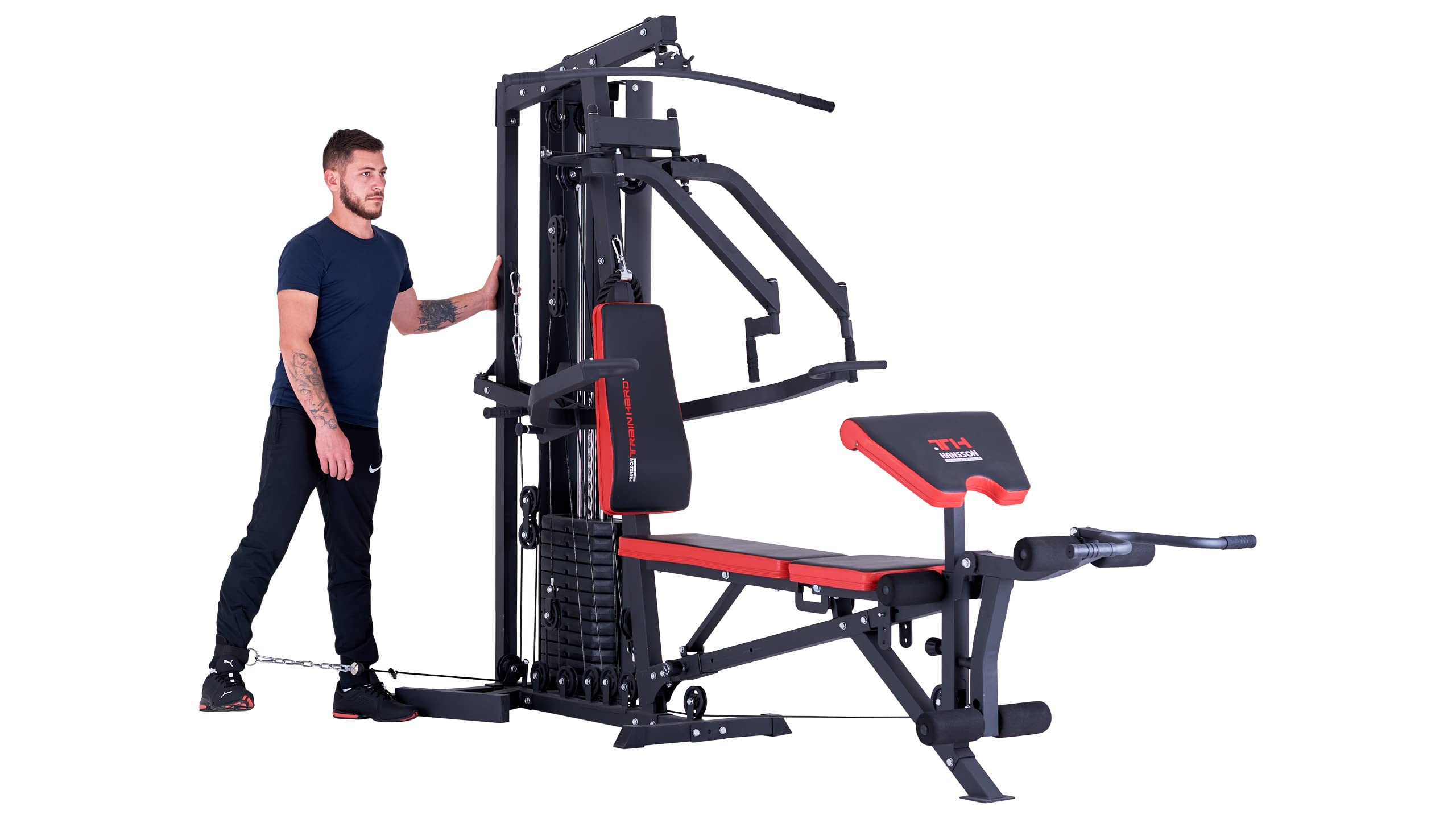 TrainHard® Wielofunkcyjna stacja kulturystyczna Multistation Home Gym z ławki do podnoszenia ciężarów stacja z linką do ćwiczeń curlpult Butterfly i trenażer nóg o wadze 85 kg