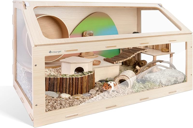 Jaula para hámster Vista con puerta de apertura oblicua, jaula para animales pequeños de MDF Aspen para hámsteres enanos sirios, ratones Degus u otras mascotas de tamaño similar (grande, 47,1 x 22,7 x 26,9 pulgadas, Burlywood)