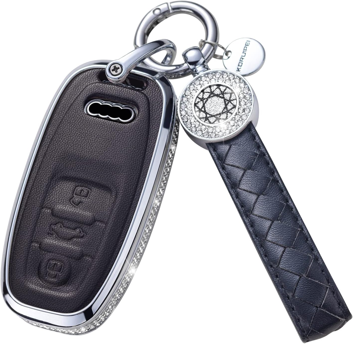 Compatible with Audi Key Fob Cover with Keychain Genuine Leather Crystal Full Protection Key Case Shell Fit for Audi A4 Q7 Q5 TT A3 A6 SQ5 R8 S5 Smart Key-White
