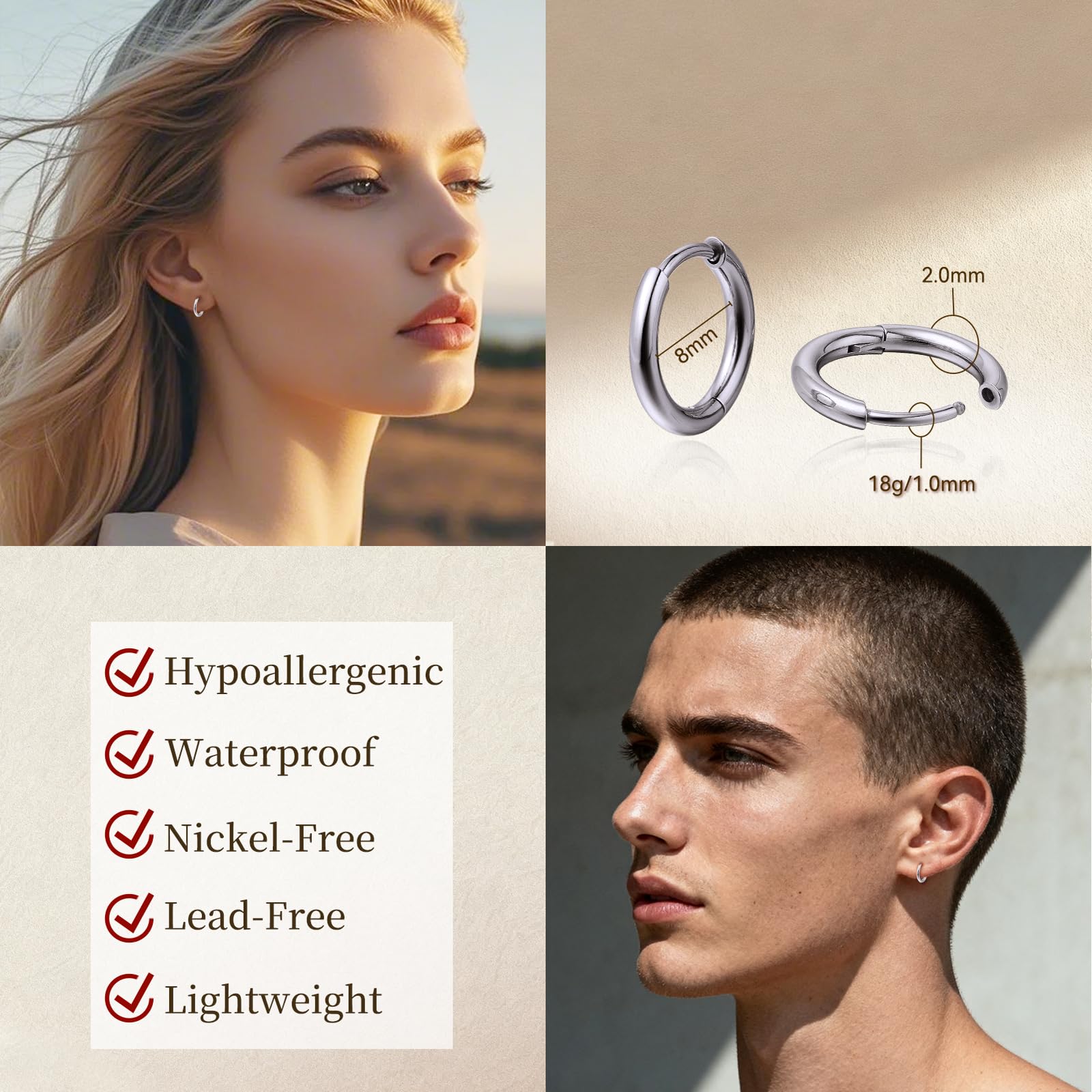 Limerencia F136 Pendientes de Aro Titanio, 8-14mm Ligero Pendientes Hipoalergenicos Titanio 20G para Mujeres, Hombres Niñas y Adolescentes