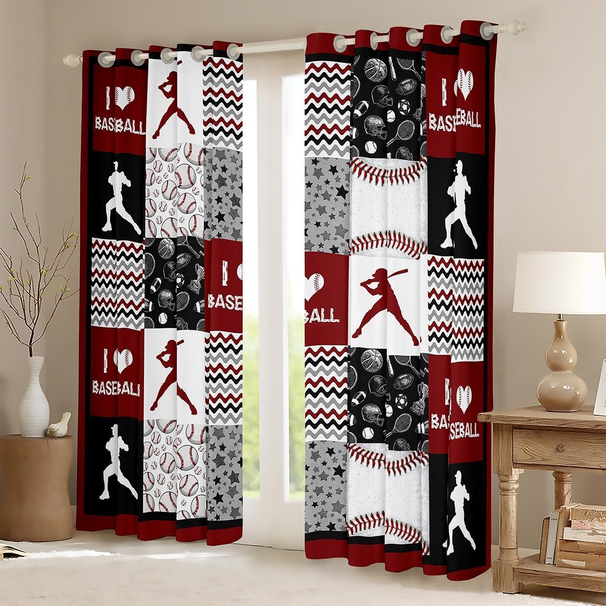 Baseball Blackout Curtains Boys Girls Sports Curtains & Drapes, Red Black White Grey Curtains Geometric Stripe Black Out Curtains, Ball Games Patchwork Window Drapes Baseball Player Bedroom Decor