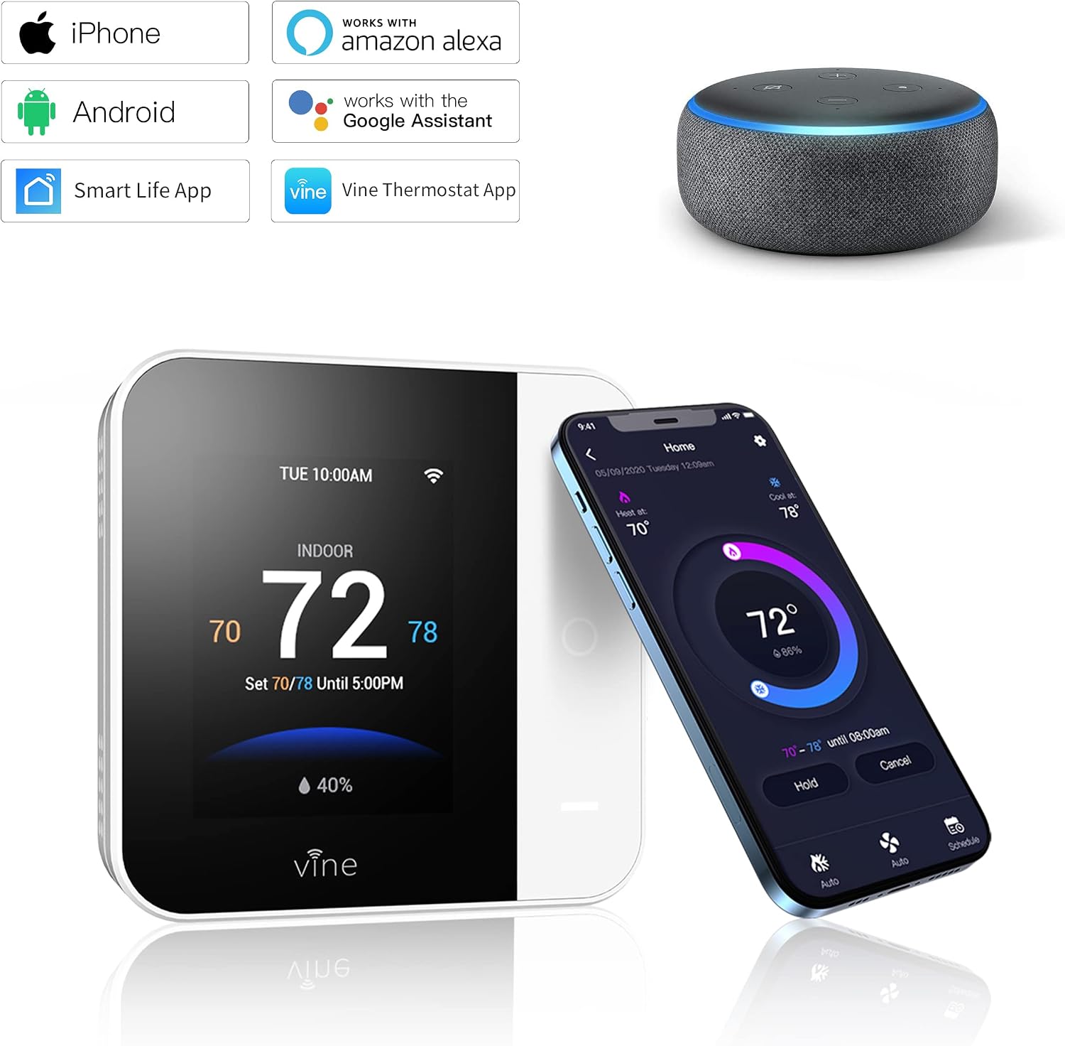 Vine Wi-Fi 7day & 8 Period Programmable Smart Home Thermostat - Wi-Fi TJ-550, Compatible with Alexa & Google Assistant, White