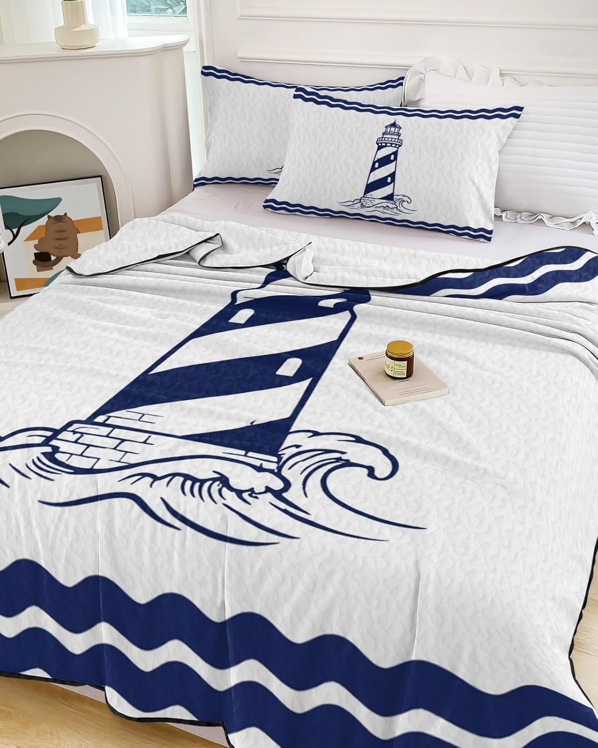 Queen Size Quilt Set, Coastal Nautical Lighthouse Sea Wave Lightweight Bedspread Coverlet Set Soft Microfiber Summer Quilt with 2 Pillow Shams, Navy Blue Water Ripple 3 Piece Comforter Bedding Set