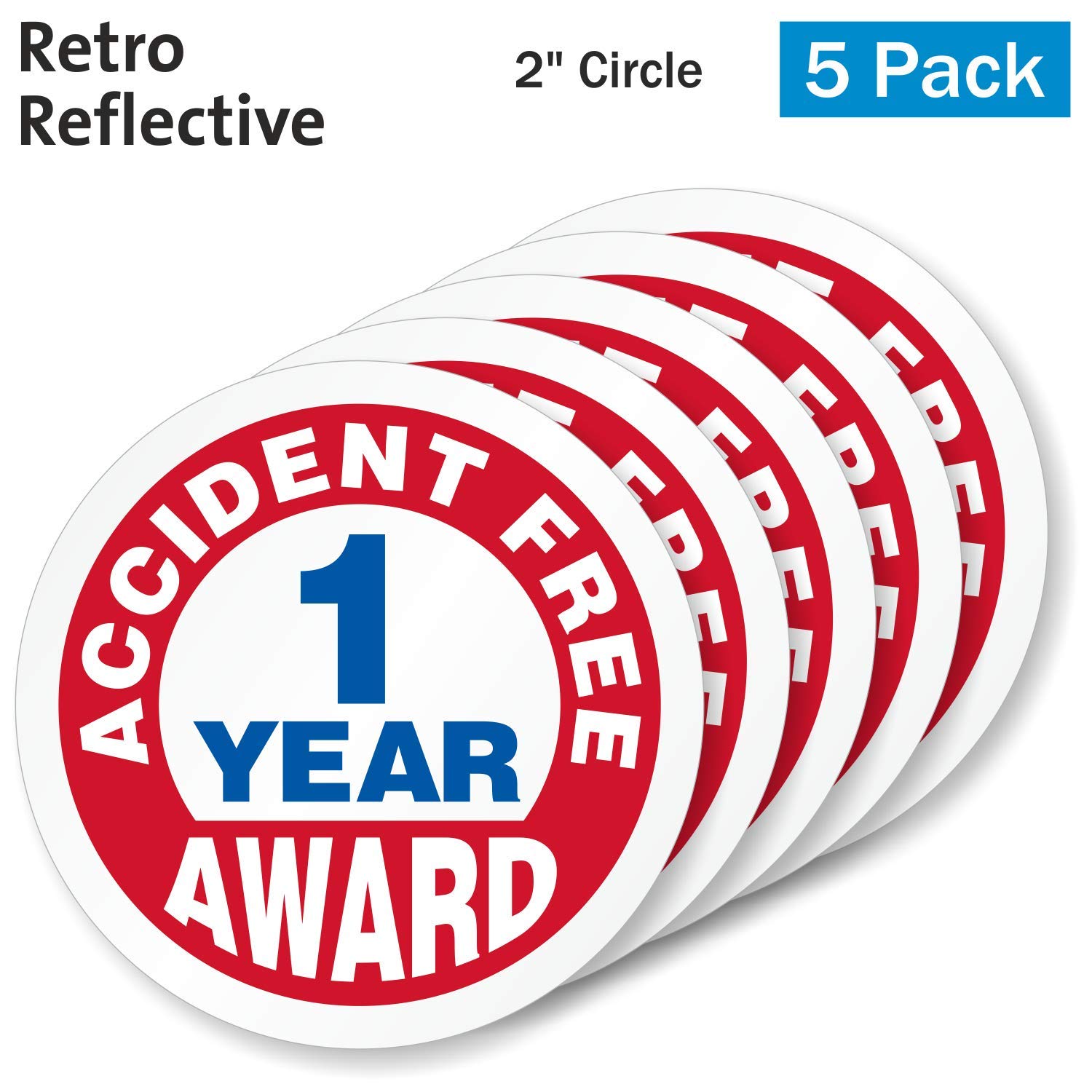 SmartSign Pack of 5 “1 Year Accident Free Award” Hard Hat Labels | Retro-Reflective, 2" Circle