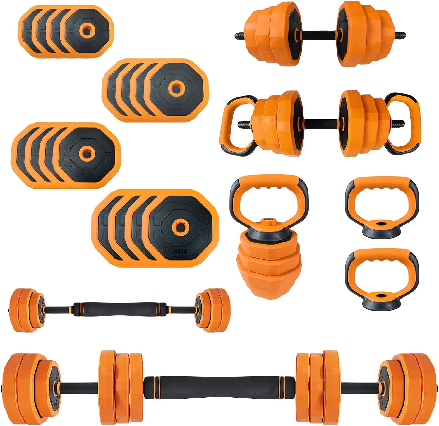 Adjustable Dumbbell Set, 44 LBS 4-In-1 Home Gym Weights with Connector As Dumbbell, Kettlebell,Barbell for Strength Training, Full Body Workout,Orange