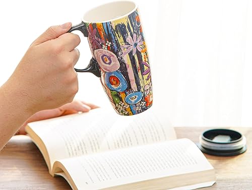 Miniatura 3 de DUSVALLY Taza de café de cerámica con tapa y asa, taza de té de viaje de porcelana para café con leche, capuchino y cacao, Doodle circular para