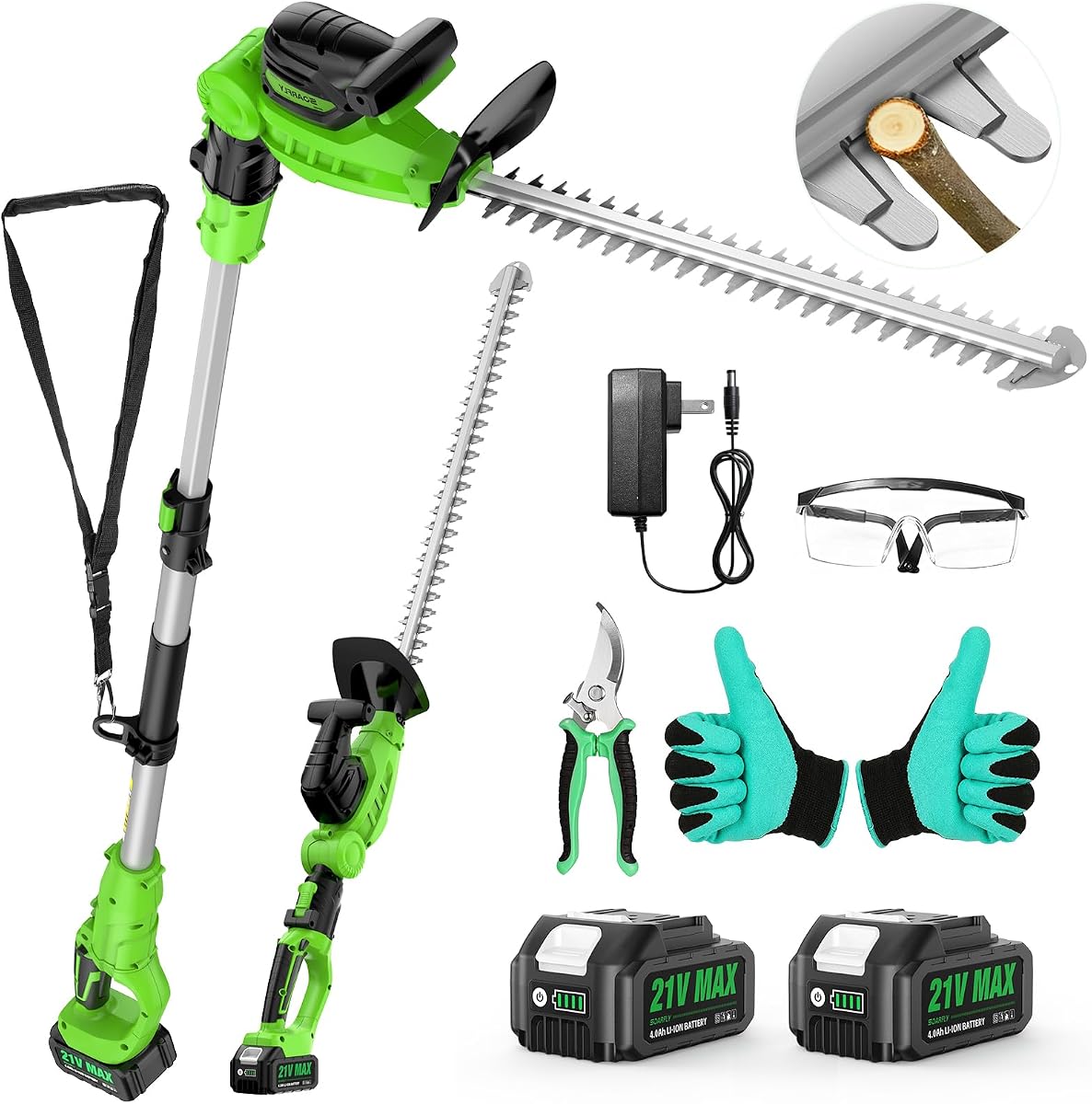 2 in 1 Pole Hedge Trimmer Cordless & Handheld Hedge Trimmer | 2Pcs 4.0Ah Battery &Charger, 20V Electric Hedge Trimmer, 8.5 Feet Reach, 20" Dual-Action Blade, 11 Rotating Head Pole Trimmer