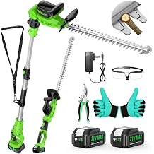 SOARFLY 2 in 1 Pole Hedge Trimmer Cordless & Handheld Hedge Trimmer with 2 Pcs 4.0Ah Battery & Charger, 20V Electric Hedge Trimmer, 8.5 Feet Reach, 20" Dual-Action Blade, 11 Rotating Head Pole Trimmer