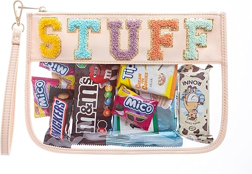 HANAMO Bolsa transparente de felpilla con monograma transparente para estadio, bolsa de parche de viaje con letras de chenilla, bolsa de parche de