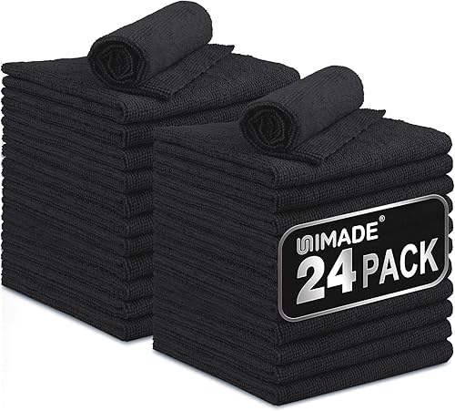 UNIMADE Microfiber Cleaning Cloth, 24 Pack Reusable Microfiber Towels for Cars Lint Free Cleaning Shop Towel Rags for Home Kitchen Automotive Bar Mechanic Restaurant Garage, 11"x 12", Black