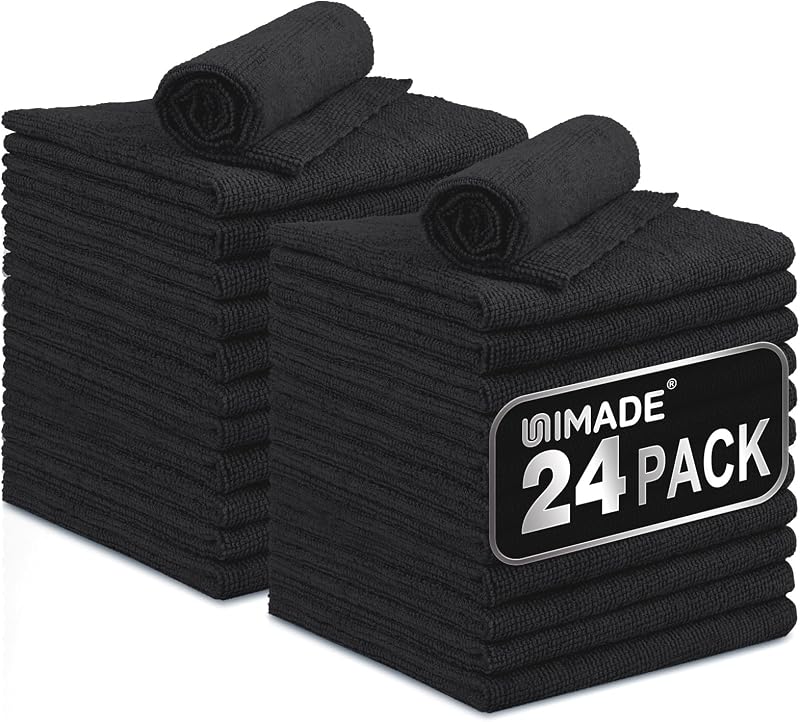 Microfiber Cleaning Cloth, 24 Pack Reusable Microfiber Towels | for Cars Lint Free Cleaning Shop Towel Rags for Home Kitchen Automotive Bar Mechanic Restaurant Garage, 11"x 12", Black