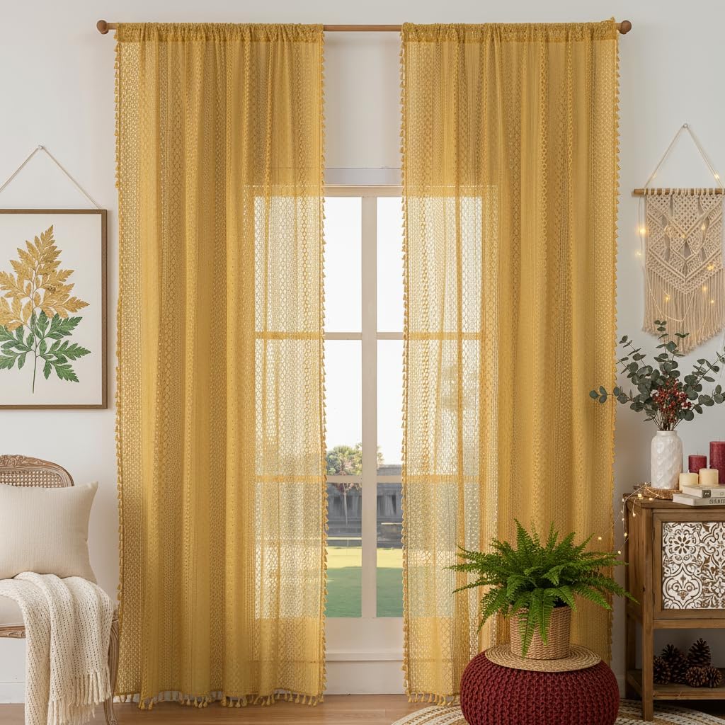 Boho Lace Curtains 84 Inches 2 Panel,Light Filtering Privacy Tassel & Geometry Crochet Semi Sheer Curtain Drapes for Bedroom Living Dining Room,Rod Pocket & Tassel,Mustard Yellow