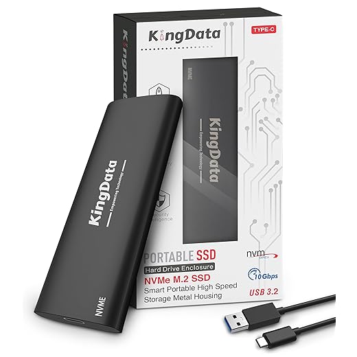 KingData M.2 NVMe SSD Enclosure, Aluminum Tool-Free PCIe Enclosure, 10Gbps M2 USB 3.2 Gen 2 Caddy Adapter for 2230/2242/2260/2280 M.2 NVMe Case with USB C to A Cable Black Support UASP & TRIM