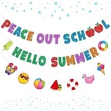 Schools Out for Summer Decorations, Glittery Peace out School Hello Summer Banner, NO-DIY End of School Year Party Decorations Include 1 Pc Last Day of School Decorations Banner and1 Pc Summer Garland