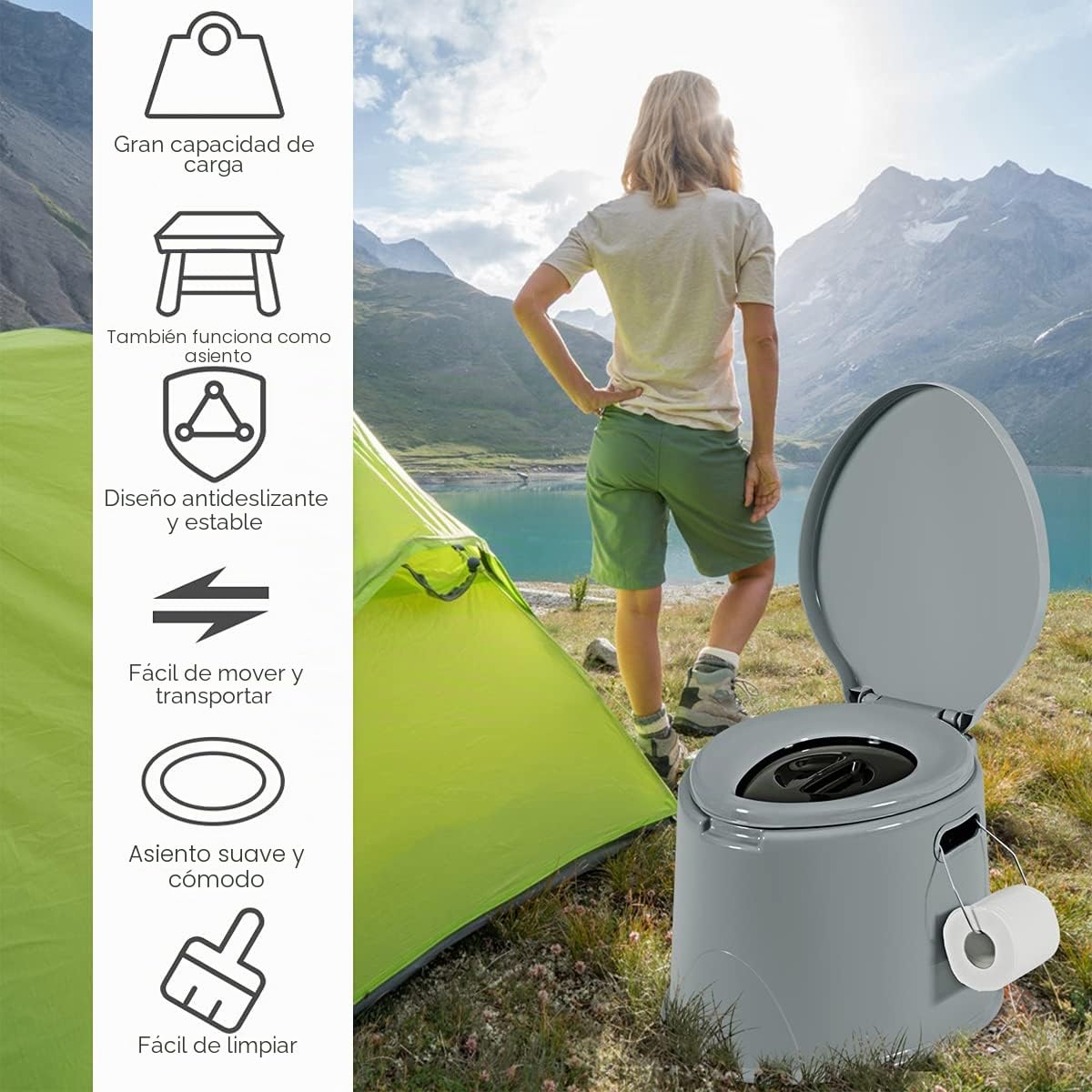 RELAX4LIFE Inodoro Portátil para Camping 5L con Cubo Interior Extraíble y Portarrollos de Papel Higiénico, Inodoro de Viaje de PP con Asiento y Tapa, Carga 200kg, Ligero para Camping y Viajes, Gris