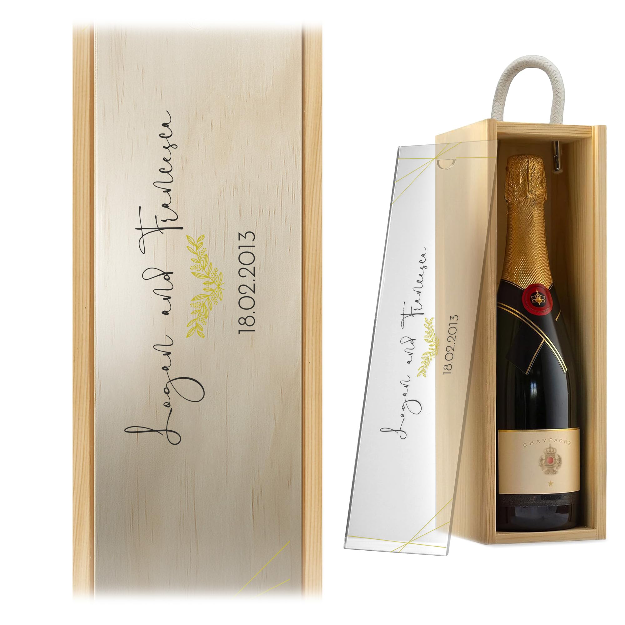 A1 Graphics Ltd Personalised Gold Leaf Wine Box Custom Printed Couples Gift Weddings Anniversary Bridesmaid Groomsmen Birthdays (Natural Box/Clear Lid)