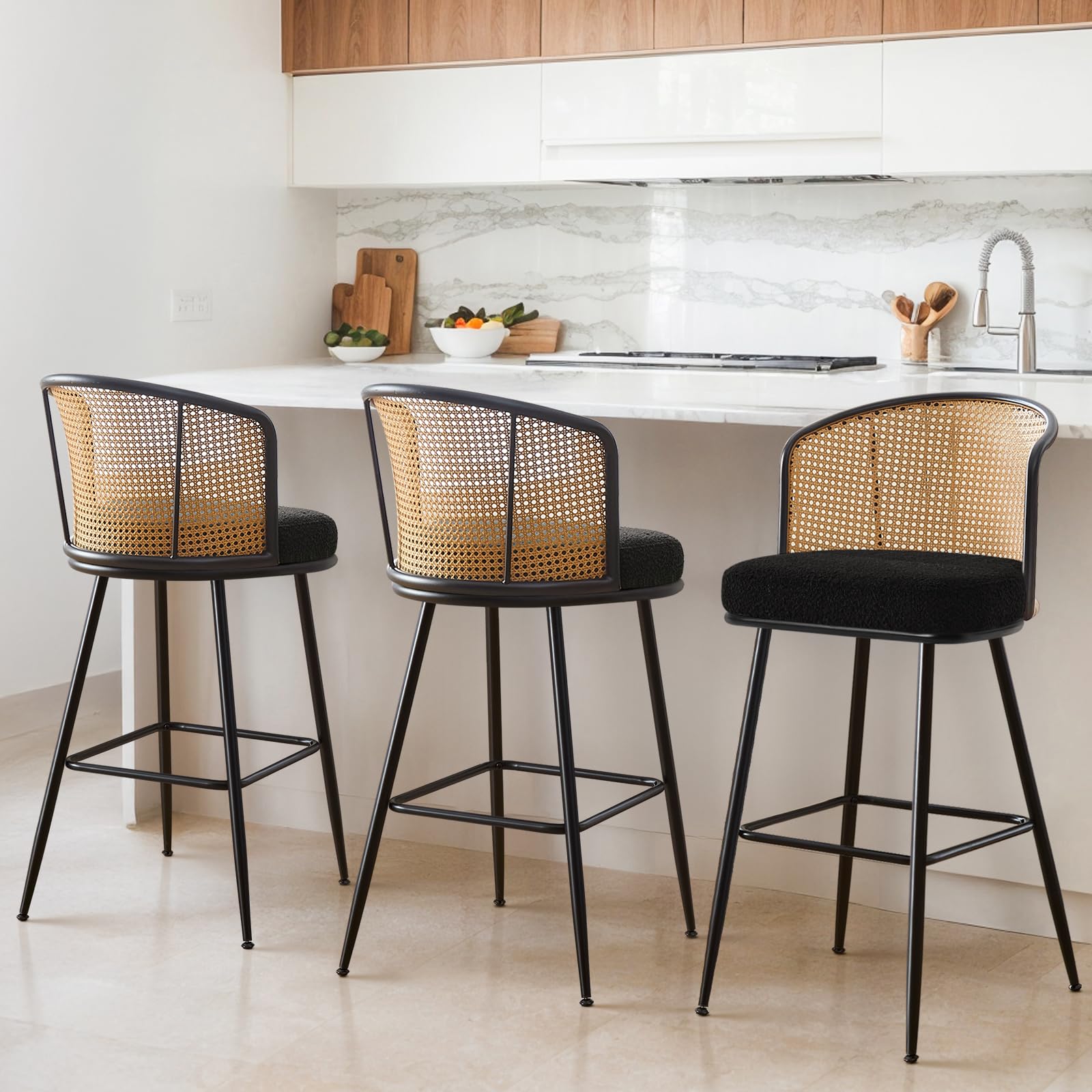 WOOW DEPOT 29" Bar Height Stools Set of 3, Rattan Bar Stools with Cane Back & Boucle Fabric Seat, Modern Farmhouse Barstools for Kitchen Island, Pub,