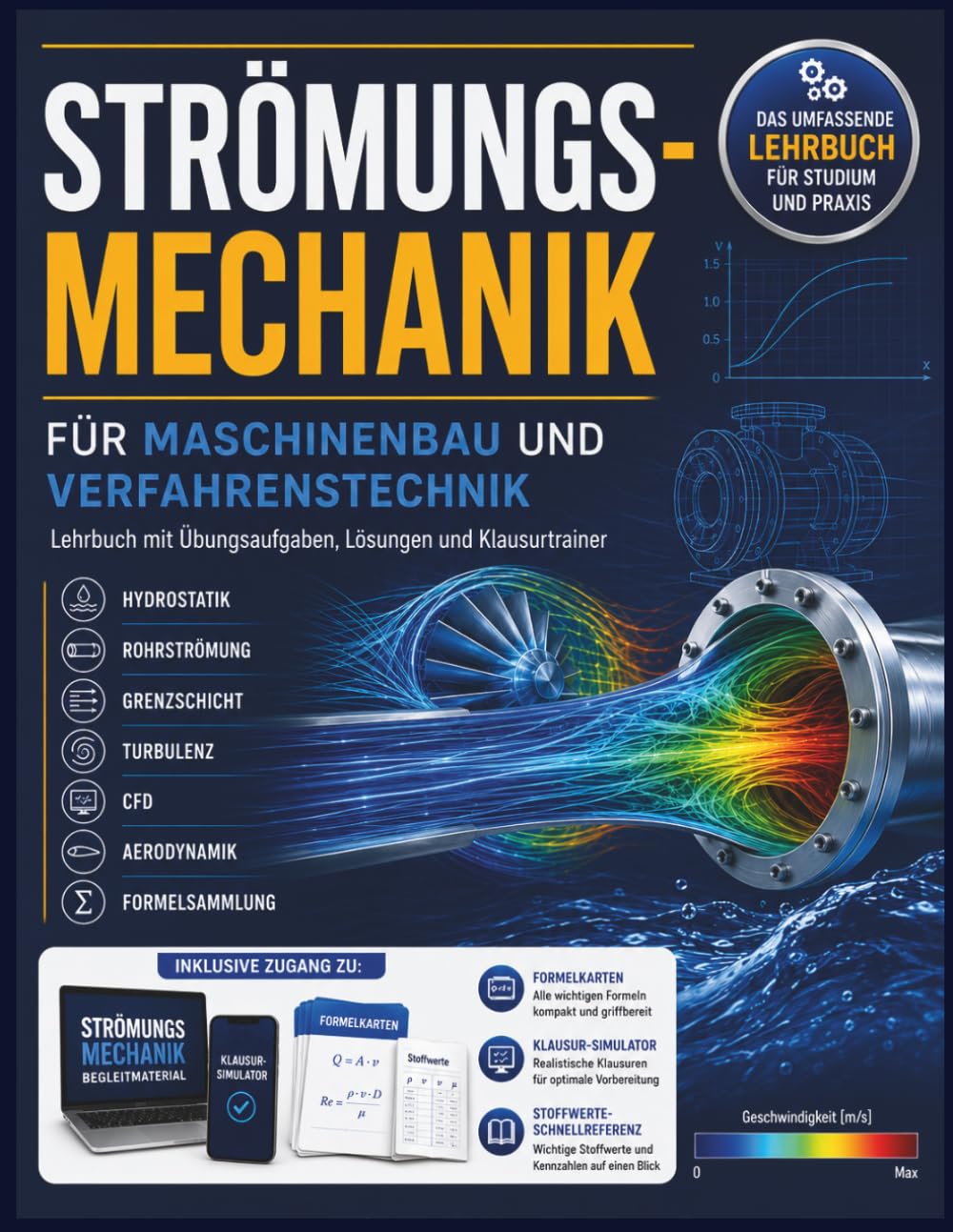 Strömungsmechanik für Maschinenbau und Verfahrenstechnik: Lehrbuch mit Übungsaufgaben, Lösungen, Klausurtrainer, Hydrostatik, Rohrströmung, Grenzschicht, Turbulenz, CFD, Aerodynamik & Formelsammlung