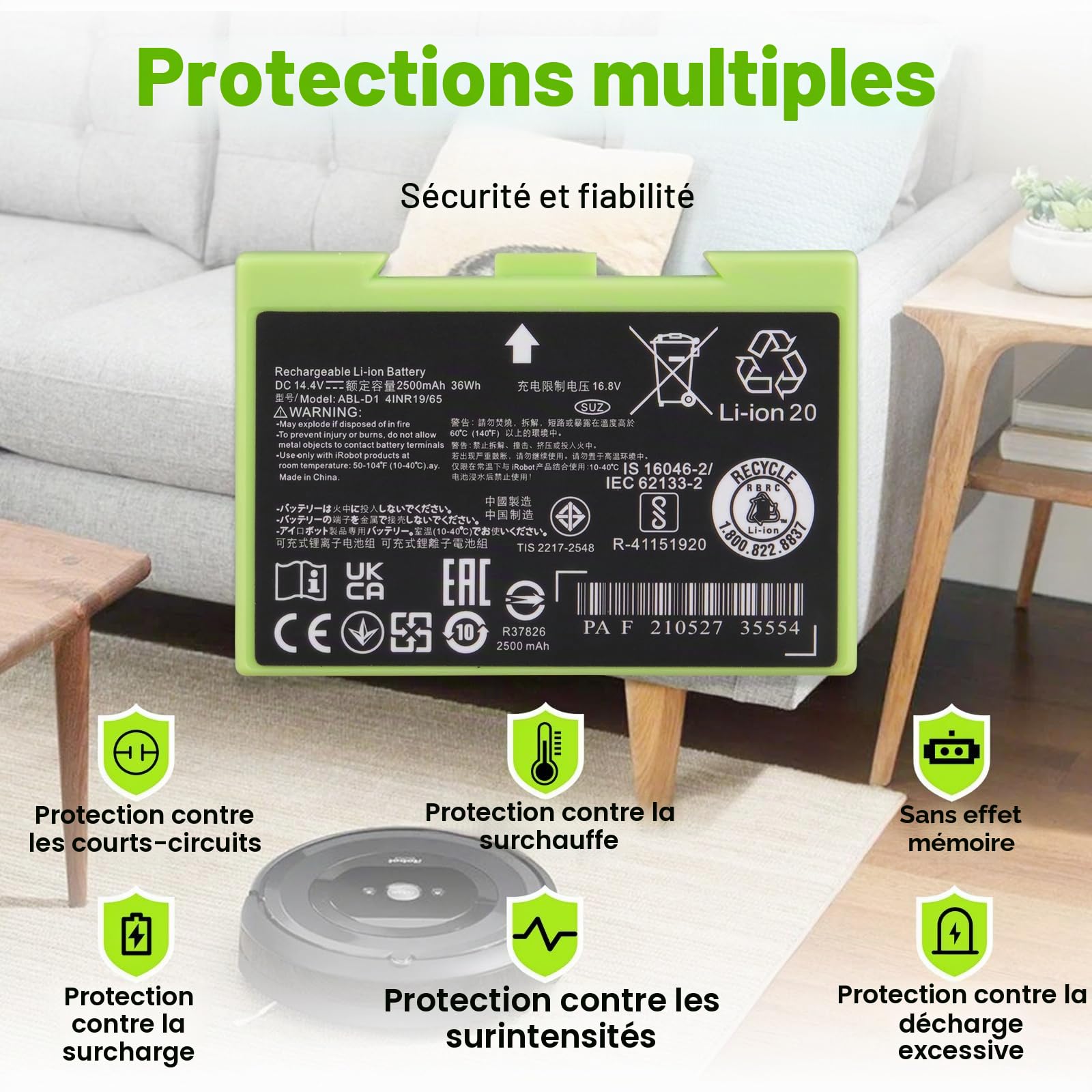 2500mAh Batterie ABL-D1 Compatible avec iRobot Roomba Séries e et i, i8 i8+ i7 i7+ i4 i4+ i3 i3+ i6 e5 e6 J7 7150 7156 7158 7558 3150 3158 3550 e5150 e5152 e6198, ABL-D2 [14,4 V 36 Wh]