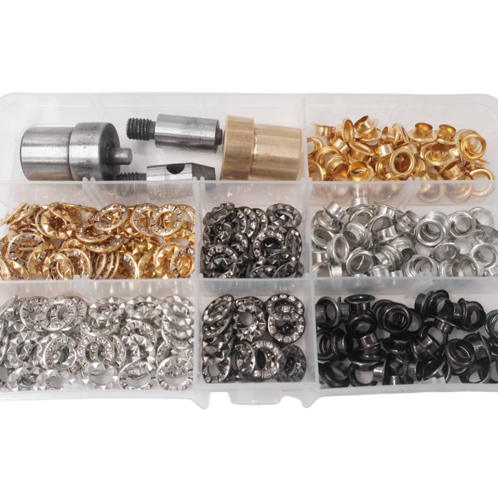 Event Decor Shop Occhielli per pelle, set di occhielli e fustelle da 6 mm, 150 pezzi, oro, argento, canna di fucile, occhielli con strumenti di fissaggio per macchine verdi, borse, abbigliamento, fai