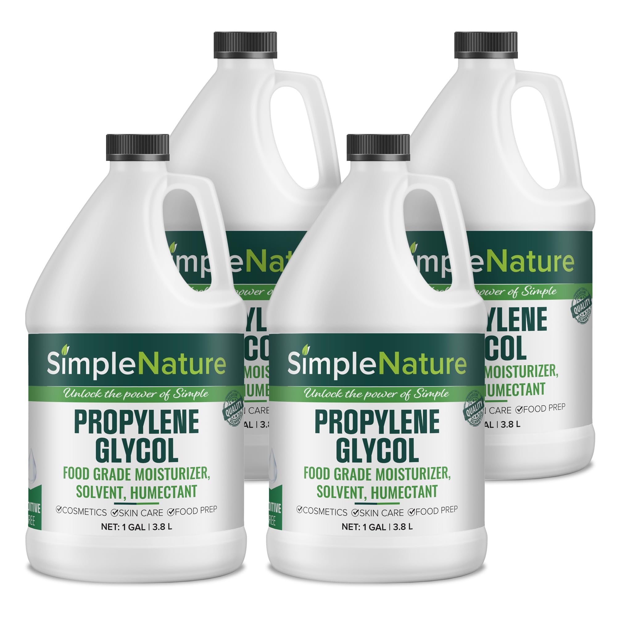Food Grade Propylene Glycol - 99.9% - 4 Gallons (1 Gallon, 4 Pack) - Ecofriendly, Non-GMO Moisturizer, Solvent, Emulsifier, Humectant - Soaps, Lotions, Antifreeze, Fog Machines, Humidors
