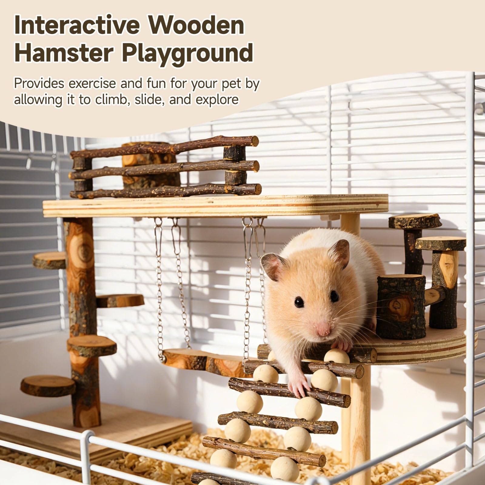 Parco giochi per criceti in legno, 45 x 30 x 27,2 cm, con piattaforma interattiva, scale, altalena, ciotola per cibo, giocattoli da masticare per piccoli animali domestici