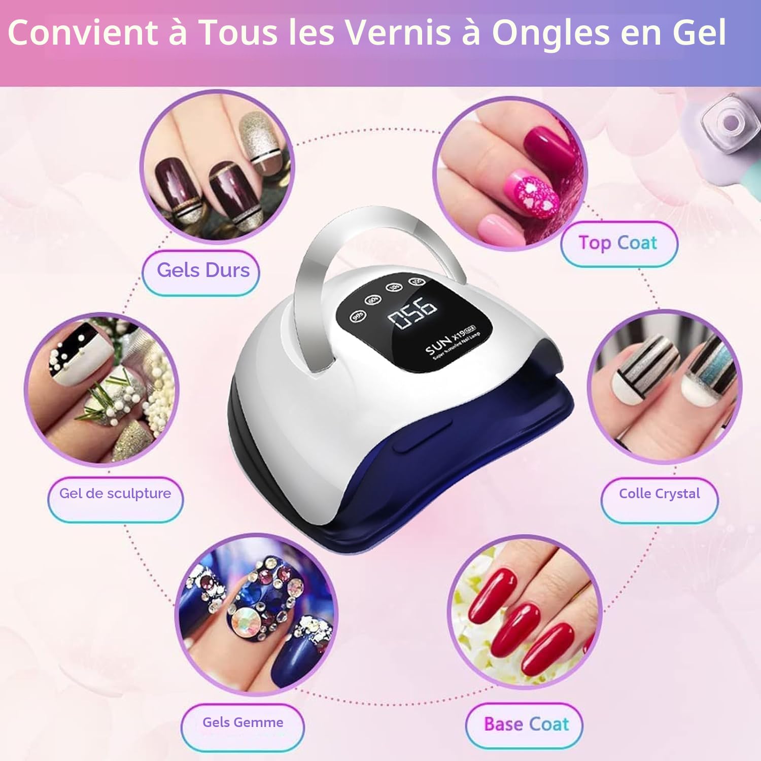 Lampe UV LED 320 W, séchage rapide des ongles avec 72 perles LED, écran tactile LCD, 4 réglages de minuterie, capteur automatique, protection haute température