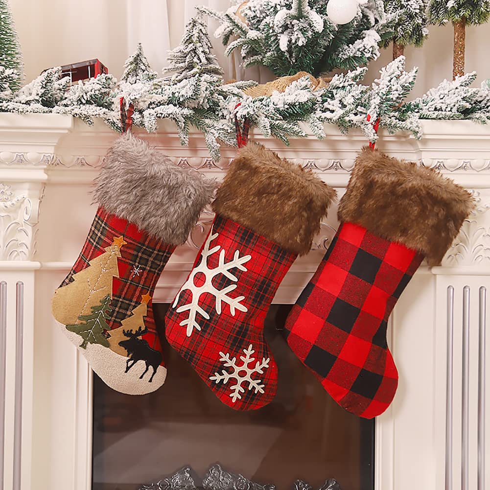 Arabest Christmas Stockings 3 Pack 18 inches Classic Stockings Snowflake, Christmas tree, Classic Plaid Holiday Stockings with Plush Decorations,for Family Holiday Xmas Party Decorations(style2)