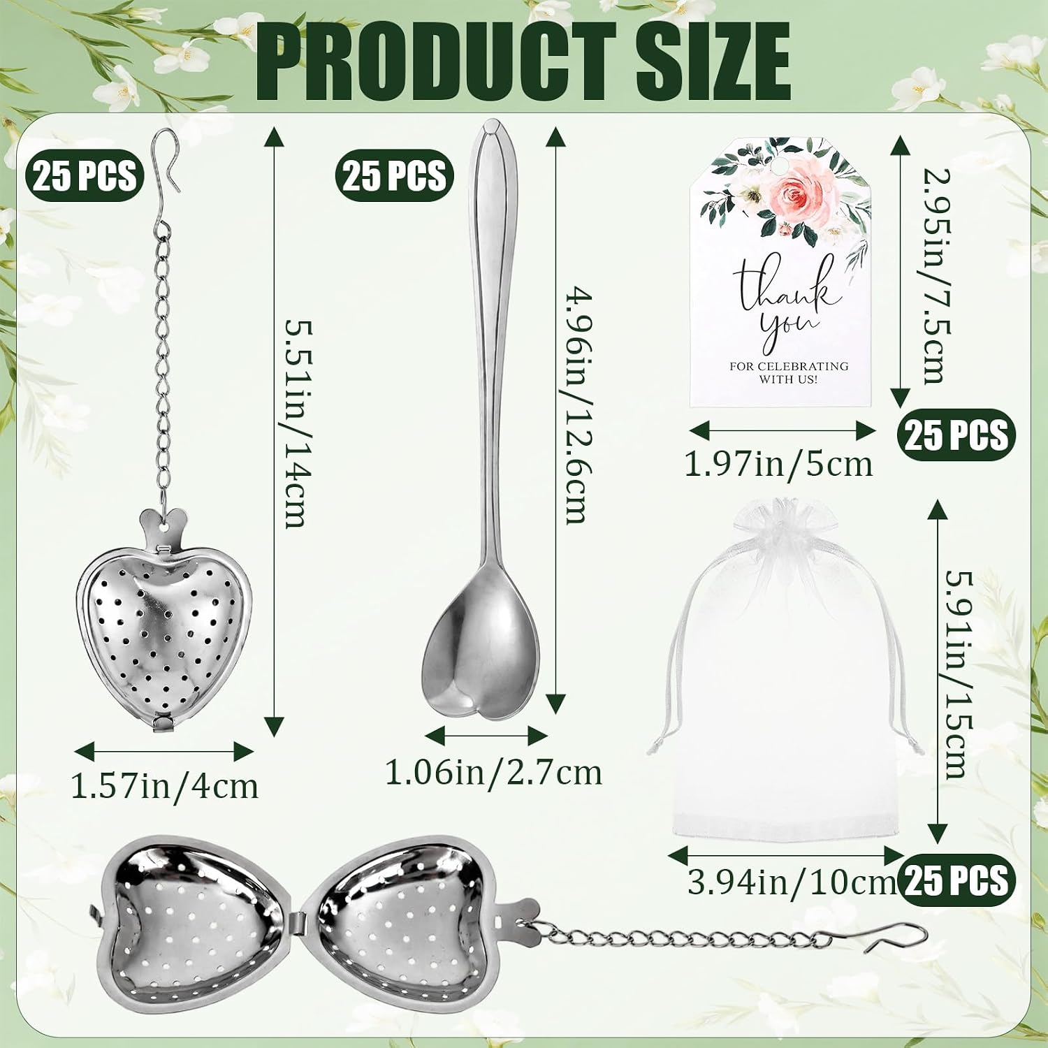25 Set Tea Party Favors for Guests Silver Heart Spoon Infuser for Loose Tea