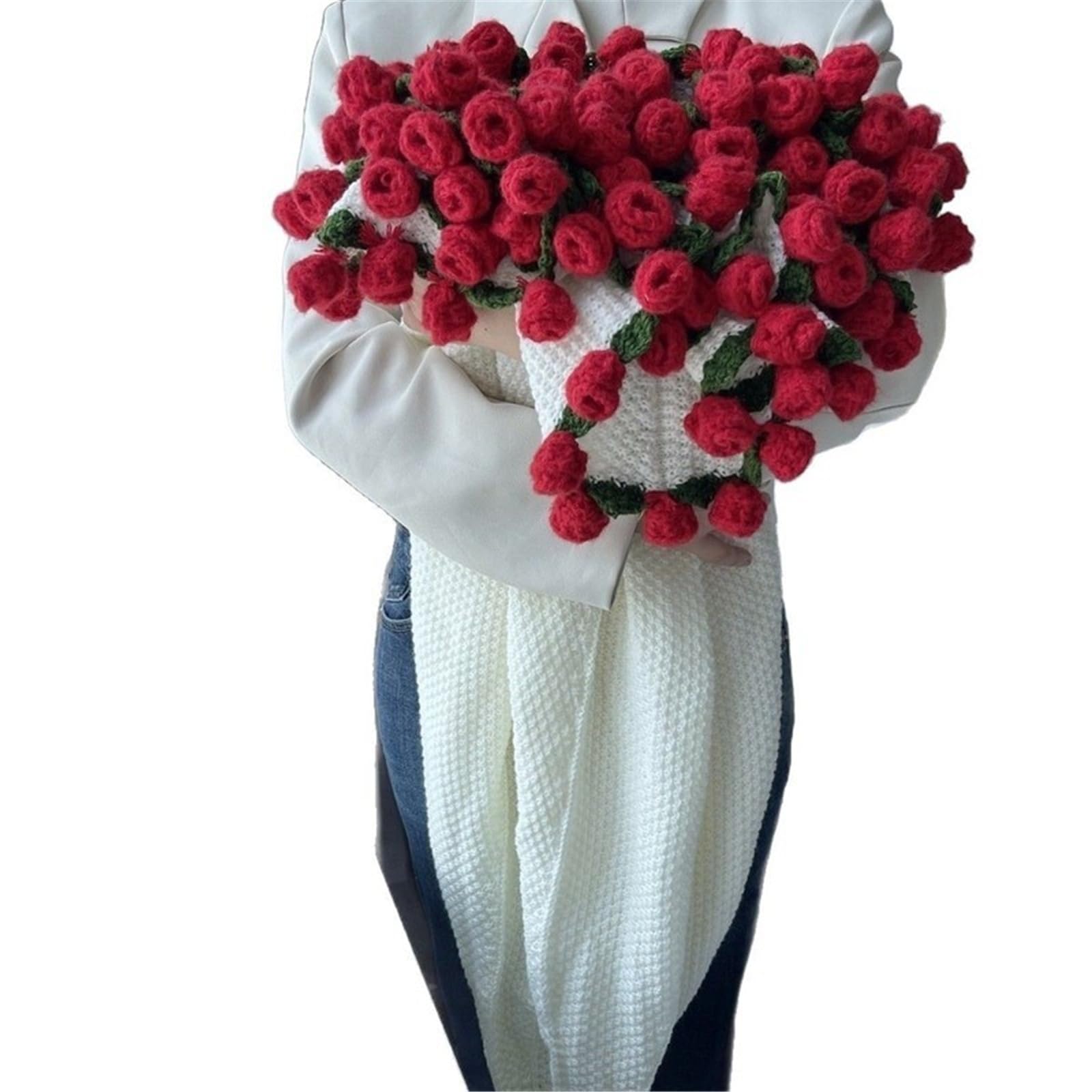 Generico Coperta con bouquet di rose e lillà lavorata a mano - Filato floreale viola per la festa della mamma e San Valentino(Blue white cloth,Diameter 60cm)