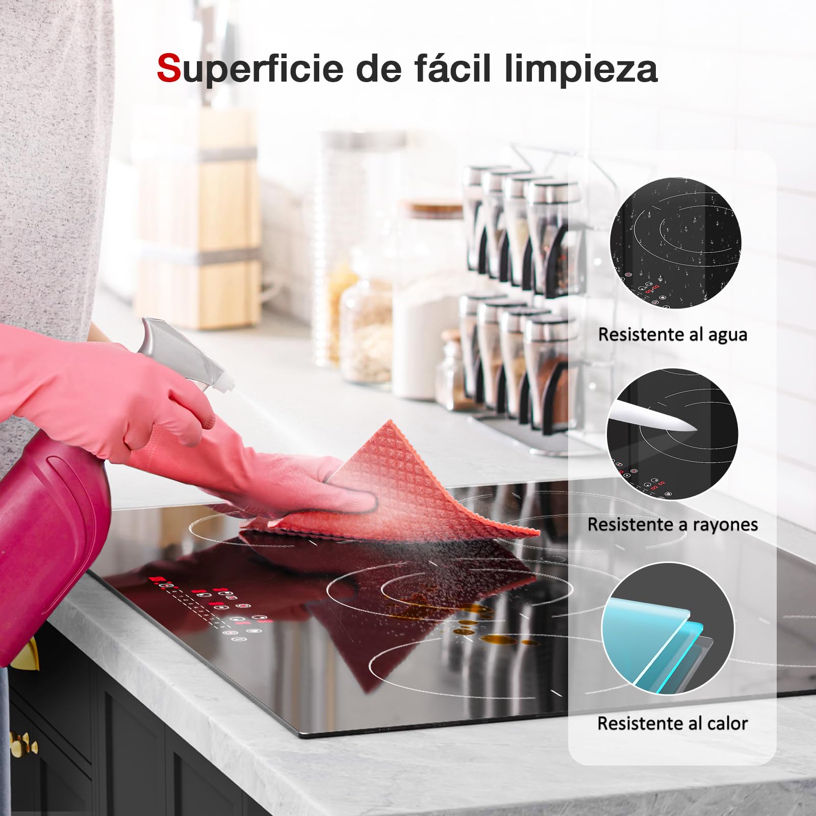 Wehimo -Placa Vitroceramica 5 Fuegos 9 niveles de Potencia,Control Táctil,Temporizador 99min, Dispositivo de Bloqueo de Seguridad,Indicador de Calor