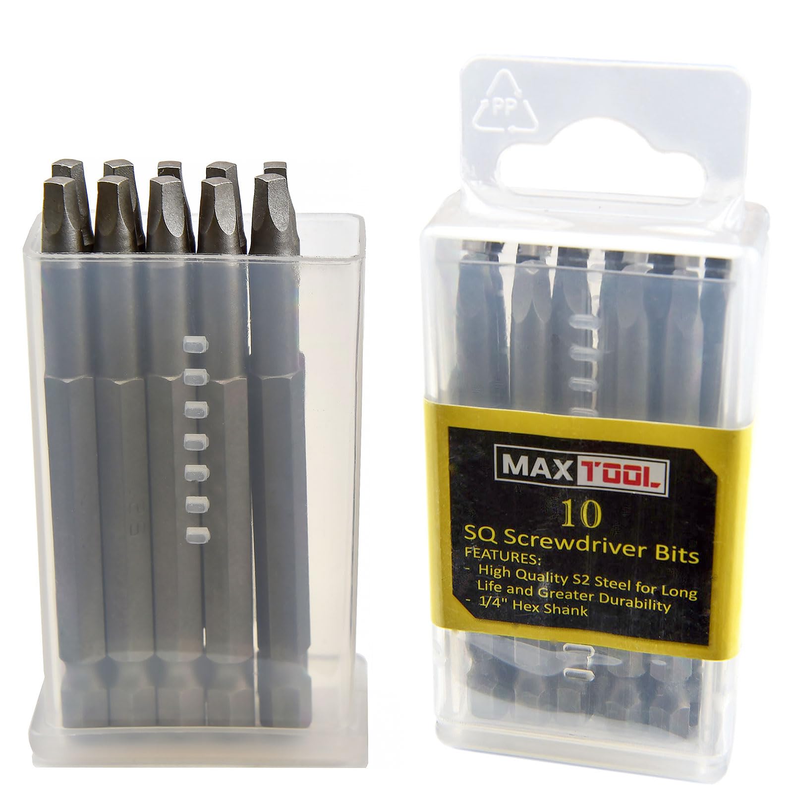 MaxTool 10PCs SQ2x3" Identical Screwdriver Bit Set; Square Head #2; 3" OAL; 1/4" Hex; S2 Premium Alloy Tool Steel; SQ2x3P10-S2