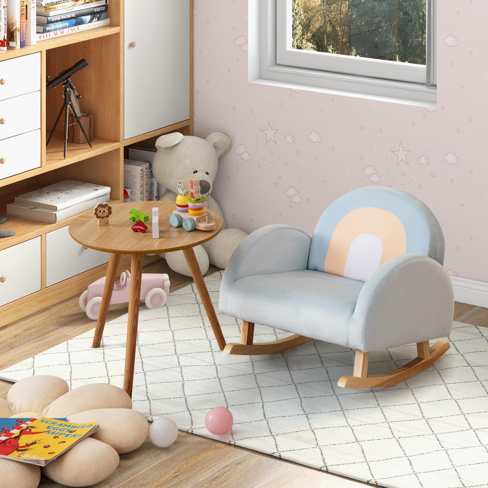 COSTWAY Sillón Infantil Mecedora, Sofá Tapizado para Niños con Estructura de Madera de Caucho Macizo y Funda de Terciopelo Suave para Guardería, Sala de Juegos, Dormitorio