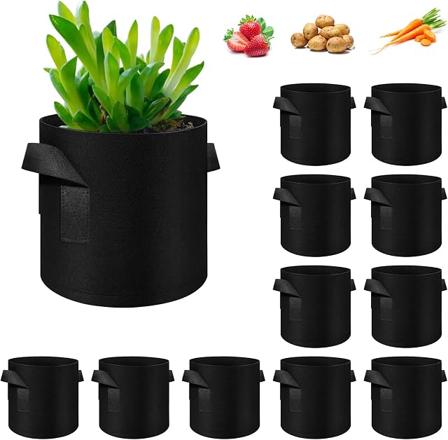 WHATWEARS 12-Pack 7 Gallon Plant Grow Bags, Thickened Nonwoven Fabric Pots with Handles, Vegetable Planter Bags Containers, Cloth Planters for Garden Vegetable/Flower/Plant/Fruits Outdoor (Black)