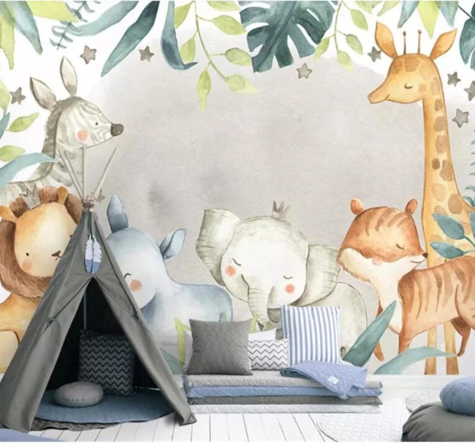 XLMING Retro Green Leaves Animals Elephants Giraffes 3D Wallpaper Luxury Silk Study Dining Feature Sofa Grey Bedroom Living Room Tv Decorative Wall-430cm×300cm