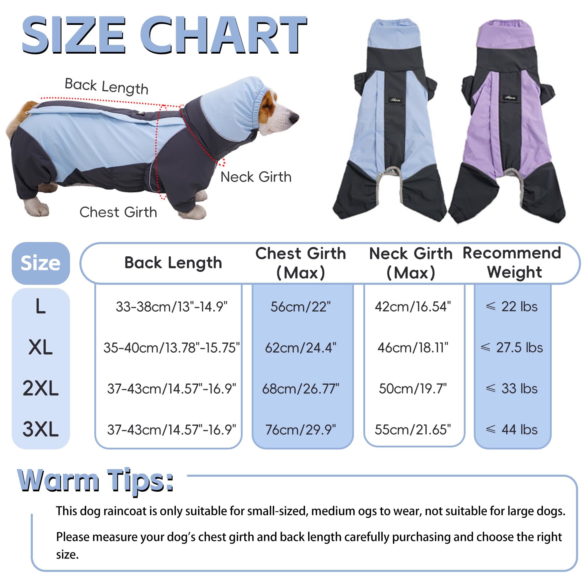 Dog Raincoat Waterproof Rain Jacket for Small Medium Dogs Corgi, Windproof 4-Legs Doggy Poncho with Hood,Lightweight Pet Hoodie with Leash Hole, Rain Coat Rainwear Clothes Wet Weather (Purple, 3XL)
