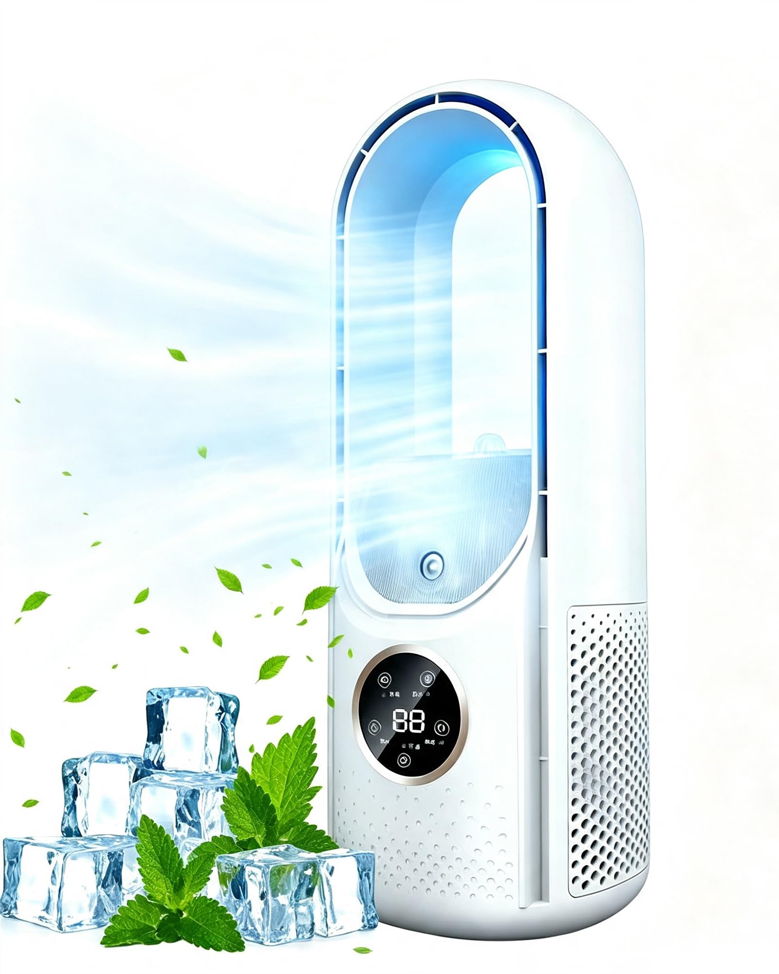 Ventilatore da tavolo senza pale, 6 livelli di velocità del vento, USB con umidificatore, timer, luce LED, silenzioso, funzionamento touch, per camera da letto, ufficio, casa e ufficio
